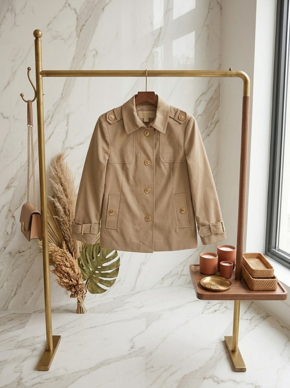 Michael Kors Tan Short Trench Jacket with Gold Buttons - size XS